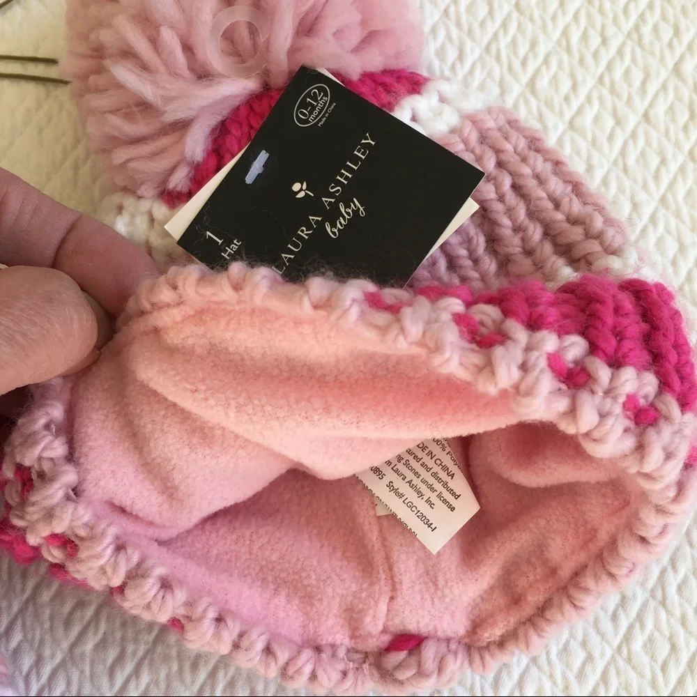 NWT Laura Ashley Baby Knit Fleece Pom Pom Hat 0-12m Wide Pink Stripe